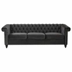 GDFStudio Spencer Tufted Chesterfield Velvet 3 Seater Sofa, Black/Dark Brown
