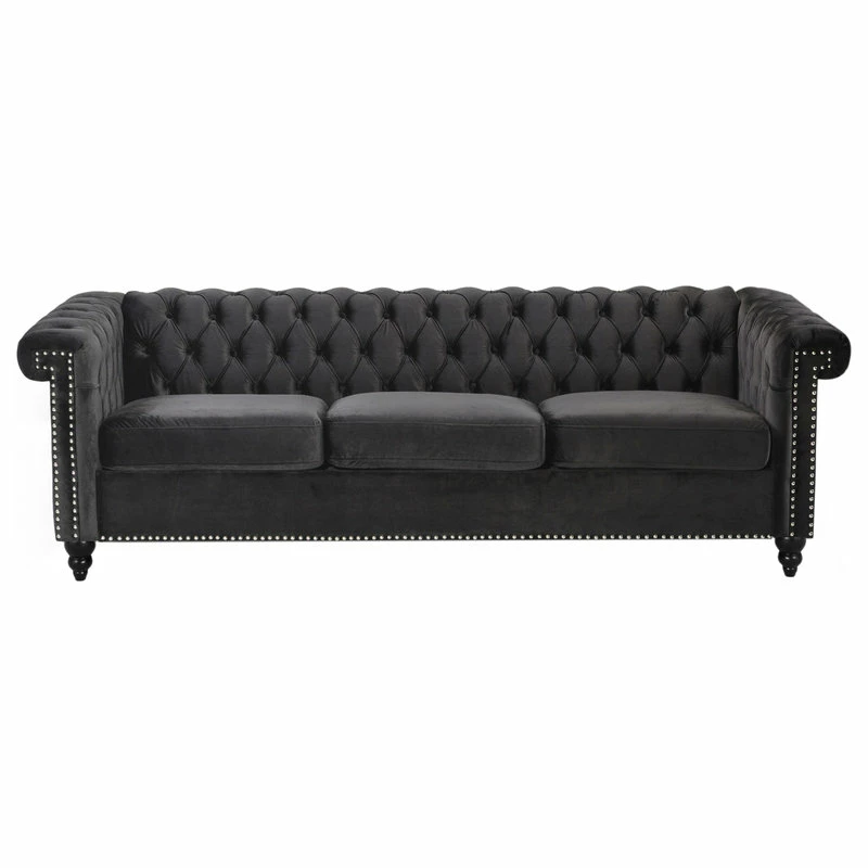 GDFStudio Spencer Tufted Chesterfield Velvet 3 Seater Sofa, Black/Dark Brown 3 GDFStudio Spencer Tufted Chesterfield Velvet 3 Seater Sofa, Black/Dark Brown