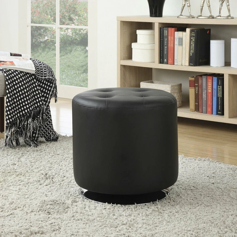 Coaster Home Furnishings Round Leatherette Upholstered Ottoman, Black 4 Coaster Home Furnishings Round Leatherette Upholstered Ottoman, Black - Image 2
