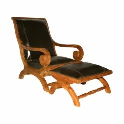Chic Teak Inc. Teak Wood And Leather Bahama Lazy Chair With Ottoman