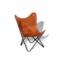 Vida XL International B.V. VidaXL Butterfly Chair Brown Real Leather Armchair Seating Seat Furniture