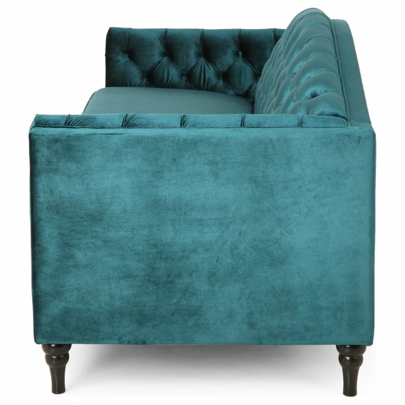 GDFStudio Bonnie Traditional Button Tufted Velvet 3 Seater Sofa, Teal/Dark Brown 6 GDFStudio Bonnie Traditional Button Tufted Velvet 3 Seater Sofa, Teal/Dark Brown - Image 4