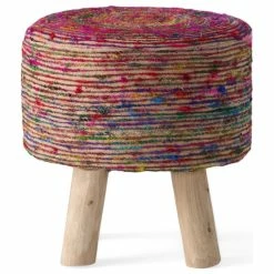 GDFStudio GDF Studio Stoolha Artisan Round Multicolor Swirl Pattern Fabric Pouf-st, Coral/Multi-Colored