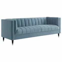 Inspired Home Nicole Miller Althea Velvet Channel Tufted Nailhead Trim Sofa, Slate Blue/Chrome
