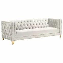 Meridian Furniture Michelle Fabric Upholstered Sofa, Gold Iron Legs, Cream Velvet