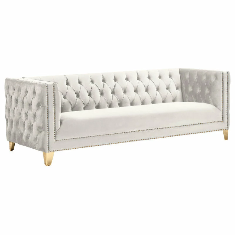 Meridian Furniture Michelle Fabric Upholstered Sofa, Gold Iron Legs, Cream Velvet 3 Meridian Furniture Michelle Fabric Upholstered Sofa, Gold Iron Legs, Cream Velvet