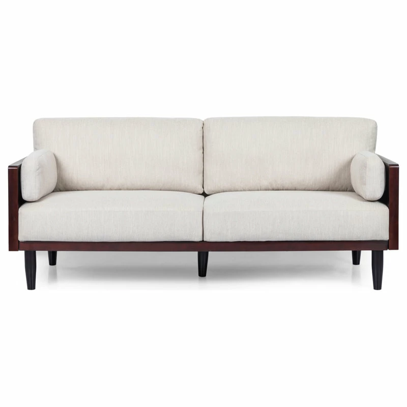 GDFStudio Bagan Mid-Century Modern Upholstered 3 Seater Sofa, Beige + Dark Walnut 3 GDFStudio Bagan Mid-Century Modern Upholstered 3 Seater Sofa, Beige + Dark Walnut