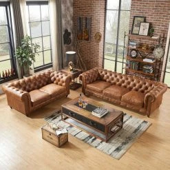 Crafters And Weavers Leather Chesterfield Love Seat, Light Brown -GDF sofa Shop 1281641f0c5cc277 4649 w800 h800 b0 p0