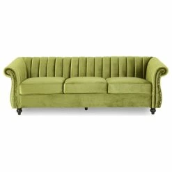 GDFStudio Olga Modern Glam Velvet 3 Seater Sofa, Sage, Dark Brown