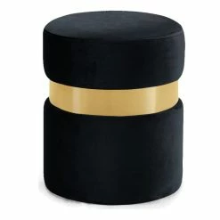 Meridian Furniture Hailey Velvet Ottoman/Stool, Gold Band, Black