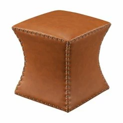 Pilaster Designs Rylen Nailhead Trim Upholstered Square Stool Ottoman, Brown