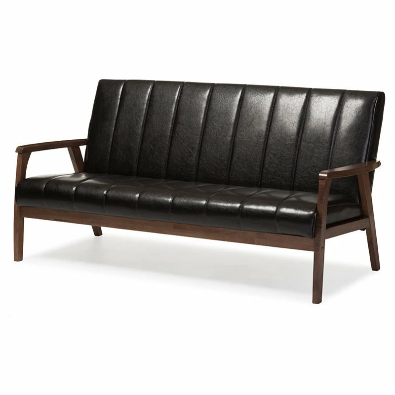 Baxton Studio Nikko Faux Leather Wooden 3-Seater Sofa, Dark Brown 4 Baxton Studio Nikko Faux Leather Wooden 3-Seater Sofa, Dark Brown - Image 2