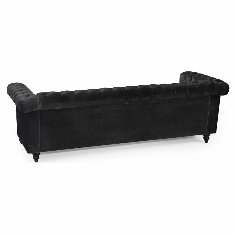 GDFStudio Spencer Tufted Chesterfield Velvet 3 Seater Sofa, Black/Dark Brown 6 GDFStudio Spencer Tufted Chesterfield Velvet 3 Seater Sofa, Black/Dark Brown - Image 4