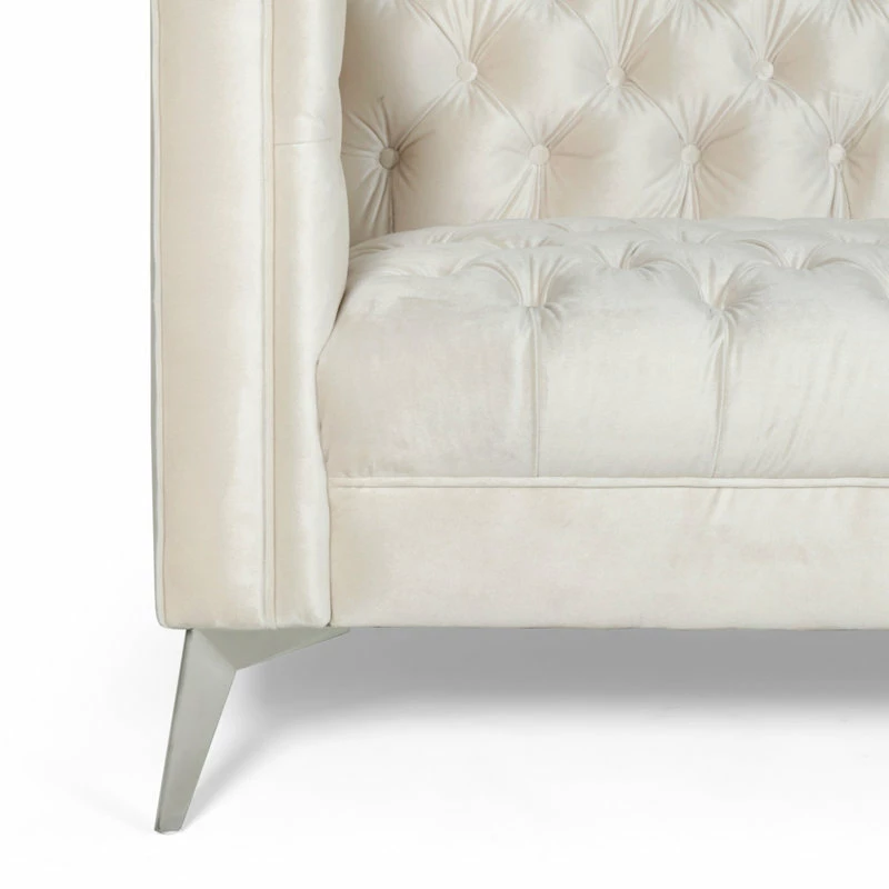 GDFStudio Roxanne Tufted Velvet 3 Seat Sofa, Beige/Silver 8 GDFStudio Roxanne Tufted Velvet 3 Seat Sofa, Beige/Silver - Image 6