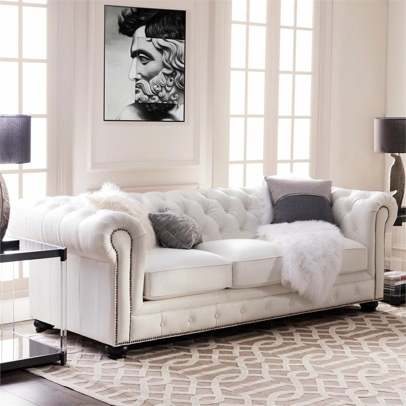 Bowery Hill Traditional Leather Chesterfield Sofa In White Finish 4 Bowery Hill Traditional Leather Chesterfield Sofa In White Finish - Image 2