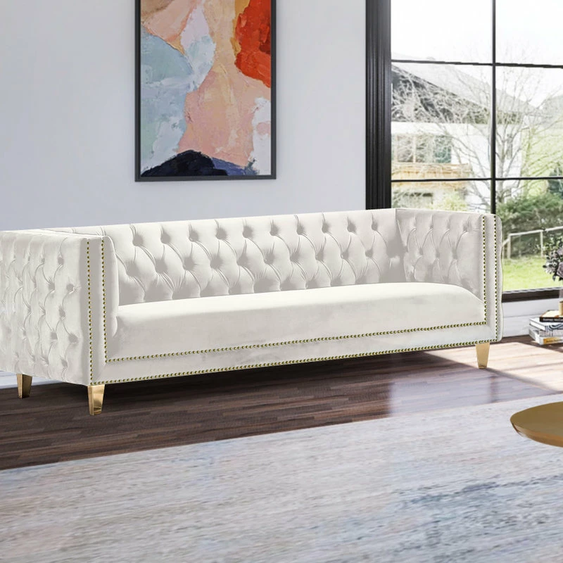 Meridian Furniture Michelle Fabric Upholstered Sofa, Gold Iron Legs, Cream Velvet 4 Meridian Furniture Michelle Fabric Upholstered Sofa, Gold Iron Legs, Cream Velvet - Image 2