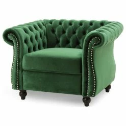 GDFStudio Leila Chesterfield Velvet Club Chair, Emerald, Dark Brown