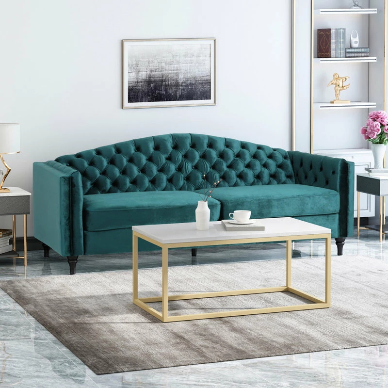GDFStudio Bonnie Traditional Button Tufted Velvet 3 Seater Sofa, Teal/Dark Brown 4 GDFStudio Bonnie Traditional Button Tufted Velvet 3 Seater Sofa, Teal/Dark Brown - Image 2