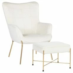 Lumisource Izzy Contemporary Lounge Chair/Ottoman Set, Gold Metal/Cream Velvet Fabric