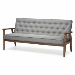 Baxton Studio Sorrento Retro Upholstered Wooden 3-Seater Sofa, Gray Fabric