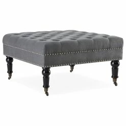 Belleze Button Tufted Square Ottoman Bench With Rolling Wheels Nailhead Trim, Gray