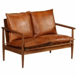Vida XL International B.V. VidaXL 2-Seater Sofa Real Leather With Acacia Wood Brown Chair Seat Furniture