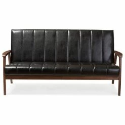 Baxton Studio Nikko Mid-century Scandinavian Style Black Faux Leather Wooden 3-Seater Sofa