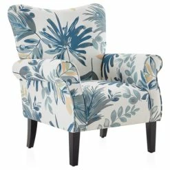 Belleze High Wingback Linen Armchair, Blue Floral