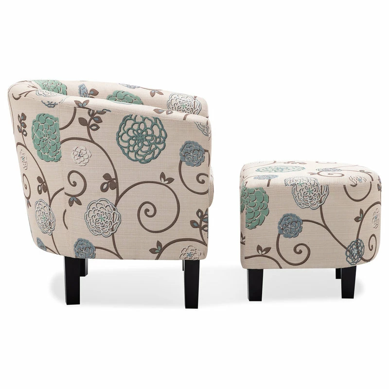 Belleze Accent Chair W/ Ottoman Round Arms Curved Back French Print Script,Beige Floral 6 Belleze Accent Chair W/ Ottoman Round Arms Curved Back French Print Script,Beige Floral - Image 4