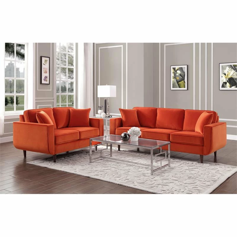 Domain Industries Inc. Lexicon Rand 59" Modern Velvet Loveseat With 2 Pillows In Orange 4 Domain Industries Inc. Lexicon Rand 59" Modern Velvet Loveseat With 2 Pillows In Orange - Image 2