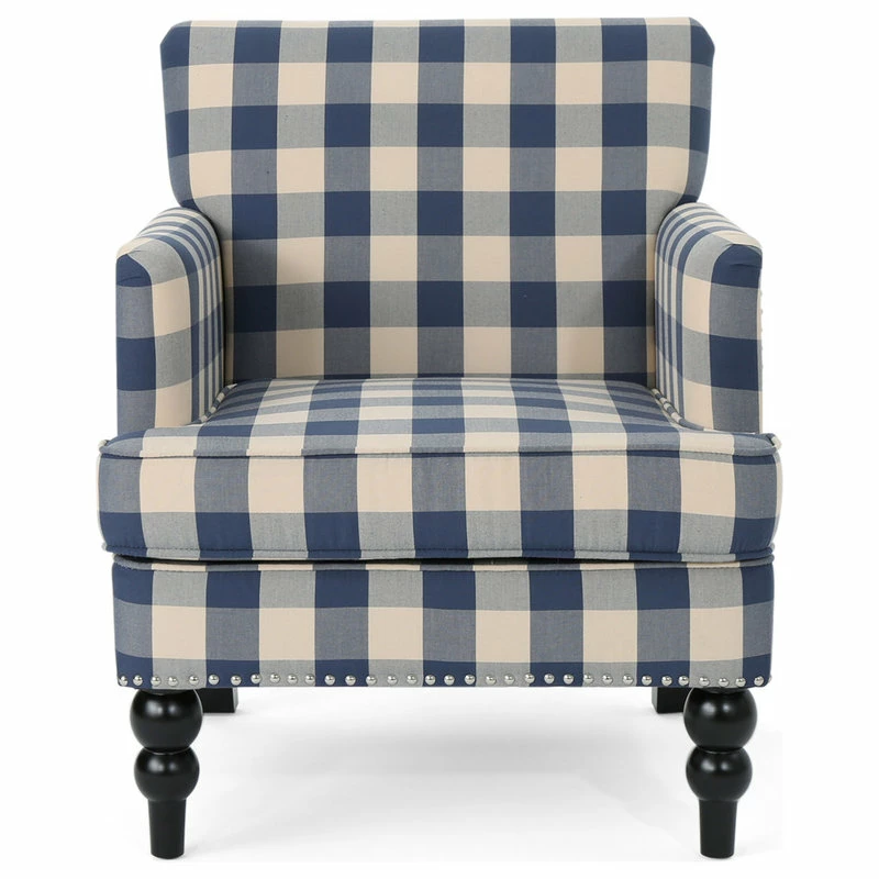 GDFStudio GDF Studio Eve Tufted Fabric Club Chair, Blue Checkerboard/Dark Brown 6 GDFStudio GDF Studio Eve Tufted Fabric Club Chair, Blue Checkerboard/Dark Brown - Image 4