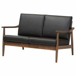 Baxton Studio Venza Mid-Century Modern Walnut Wood Black Faux Leather 2-Seater Loveseat