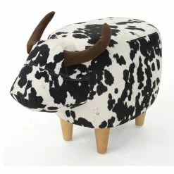 GDFStudio GDF Studio Bertha Milk Cow Patterned New Velvet Ottoman, Black/White Cow