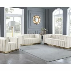 Meridian Furniture Marlon Velvet Loveseat With Brushed Gold Stainless Steel Base, Cream -GDF sofa Shop 3d21db2002740f97 6416 w800 h800 b0 p0