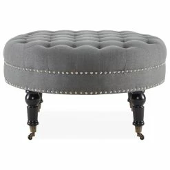 Belleze Round Tufted Linen Ottoman With Caster, 33", Gray -GDF sofa Shop 3f915fe60ea930a8 0220 w800 h800 b1 p0