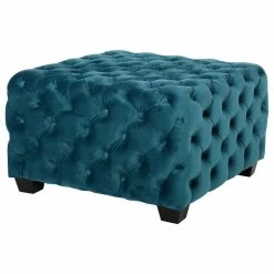 GDFStudio GDF Studio Provence Dark Teal Tufted Velvet Fabric Square Ottoman Bench, Dark Te