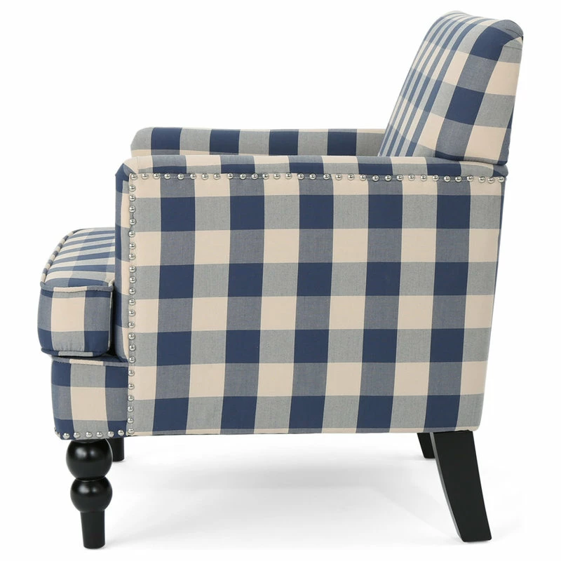 GDFStudio GDF Studio Eve Tufted Fabric Club Chair, Blue Checkerboard/Dark Brown 7 GDFStudio GDF Studio Eve Tufted Fabric Club Chair, Blue Checkerboard/Dark Brown - Image 5