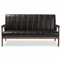 Baxton Studio Nikko Faux Leather Wooden 3-Seater Sofa, Dark Brown