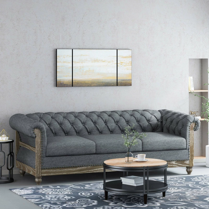 GDFStudio Bowes Chesterfield Tufted 3 Seater Sofa With Nailhead Trim, Charcoal + Dark Brow 4 GDFStudio Bowes Chesterfield Tufted 3 Seater Sofa With Nailhead Trim, Charcoal + Dark Brow - Image 2