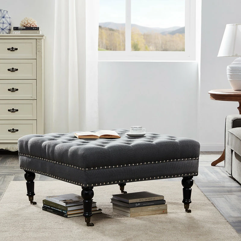 Belleze Button Tufted Square Ottoman Bench With Rolling Wheels Nailhead Trim, Gray 4 Belleze Button Tufted Square Ottoman Bench With Rolling Wheels Nailhead Trim, Gray - Image 2