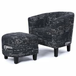 Belleze Accent Chair W/ Ottoman Round Arms Curved Back French Print Script,Black Patter