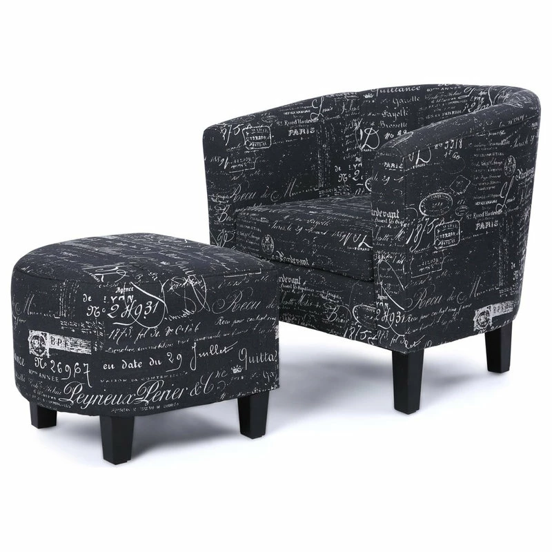 Belleze Accent Chair W/ Ottoman Round Arms Curved Back French Print Script,Black Patter 3 Belleze Accent Chair W/ Ottoman Round Arms Curved Back French Print Script,Black Patter