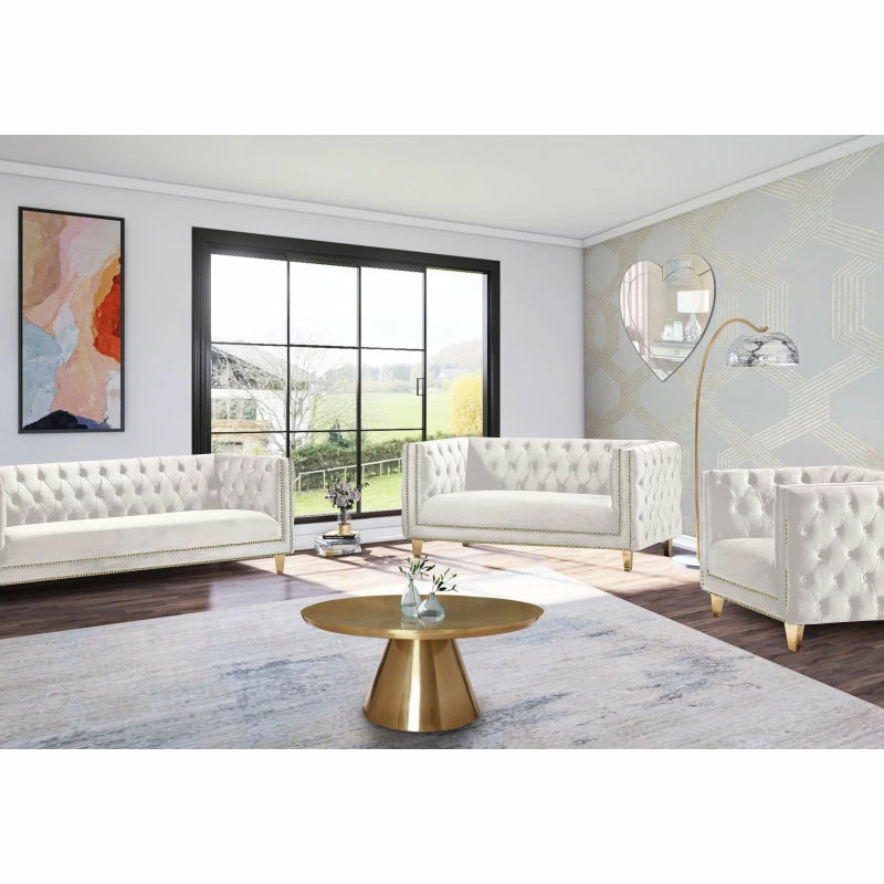 Meridian Furniture Michelle Fabric Upholstered Sofa, Gold Iron Legs, Cream Velvet 10 Meridian Furniture Michelle Fabric Upholstered Sofa, Gold Iron Legs, Cream Velvet - Image 8
