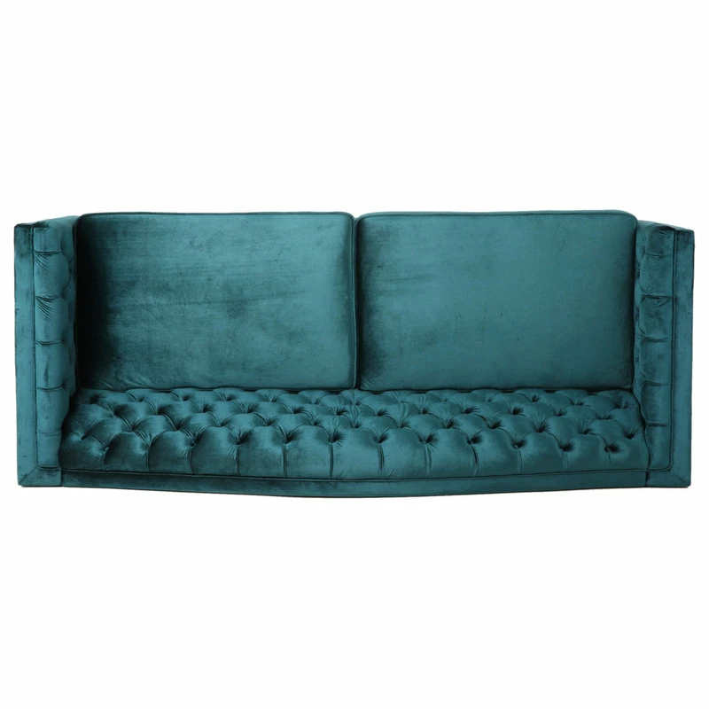 GDFStudio Bonnie Traditional Button Tufted Velvet 3 Seater Sofa, Teal/Dark Brown 8 GDFStudio Bonnie Traditional Button Tufted Velvet 3 Seater Sofa, Teal/Dark Brown - Image 6