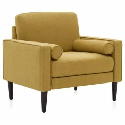 Belleze Erik Accent Chair Tufted Linen With Bolster Pillows, Yellow