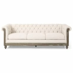 GDFStudio Bowes Chesterfield Tufted 3 Seater Sofa With Nailhead Trim, Beige + Dark Brown