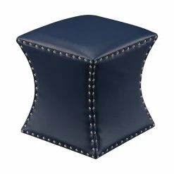 Pilaster Designs Rylen Nailhead Trim Upholstered Square Stool Ottoman, Blue