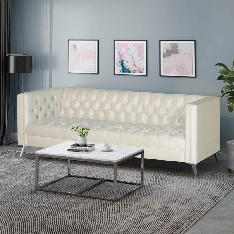 GDFStudio Roxanne Tufted Velvet 3 Seat Sofa, Beige/Silver 4 GDFStudio Roxanne Tufted Velvet 3 Seat Sofa, Beige/Silver - Image 2