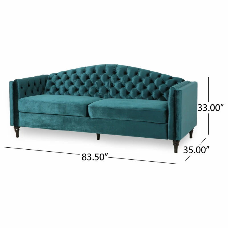 GDFStudio Bonnie Traditional Button Tufted Velvet 3 Seater Sofa, Teal/Dark Brown 5 GDFStudio Bonnie Traditional Button Tufted Velvet 3 Seater Sofa, Teal/Dark Brown - Image 3