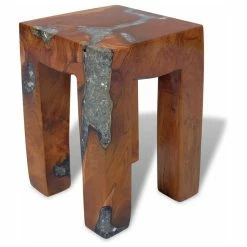Vida XL International B.V. VidaXL Solid Teak Wood Stool Chair Side Accent Table Flower Plant Stand Resin